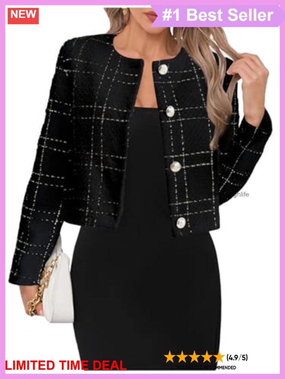 Tweed Plaid Button Down Crop Jacket Long Sleeve Round Neck Short Coat